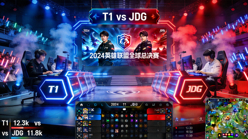 英雄联盟全球总决赛T1对阵JDG电竞比赛直播画面